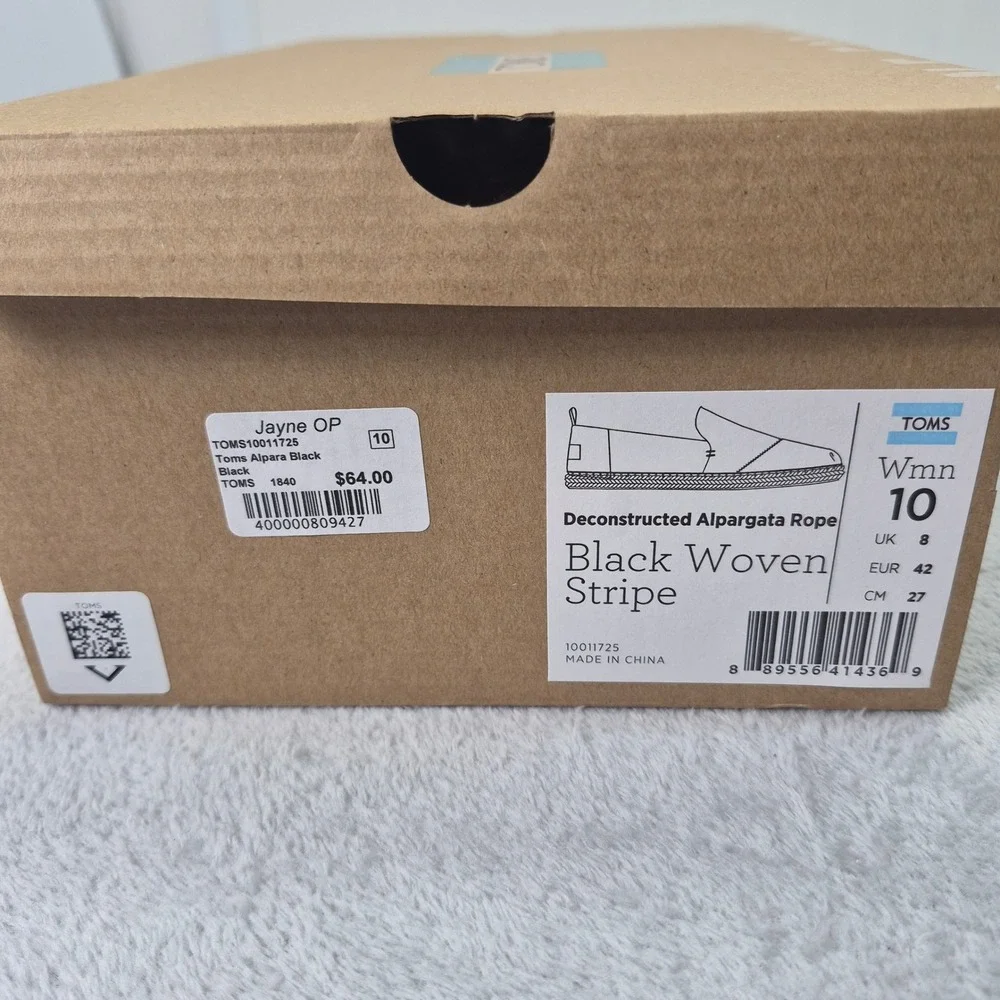 TOMS Alpargata Espadrille Black White Striped Canvas Slip On Shoes Women 10